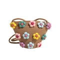 Sac bandoulière tressé marron pour filles avec fleurs 3D colorées et fermeture - Kaki