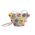 Joli sac bandoulière tissé beige avec des fleurs 3D colorées et une bandoulière en corde - Blanc Cassé