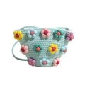 Sac bandoulière en coton bleu clair tissé main orné de fleurs 3D en tissu coloré - Bleu