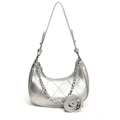 Borsa hobo argento in pelle PU con cuciture trapuntate e catena decorativa - Argento