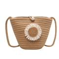Straw woven crossbody bag in light brown with daisy ornament and pearl closure - Daisy Style (Pattern 2 Khaki)