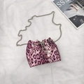 Pink leopard print drawstring bucket bag with silver metal chain and pearl details - Pink