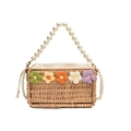 Handwoven straw shoulder bag featuring colorful crochet flowers and pearl bead handles - Horizontal Style - Pearl Strap / Khaki