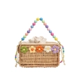 Handmade woven straw crossbody bag featuring colorful crochet flowers and beaded handles - Horizontal Style - Colored Bead Strap / Khaki