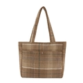 Vintage braune karierte Woll-Einkaufstasche mit Vordertasche und rundem Metalldruckknopf - Khaki Karo