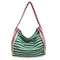 Sac fourre-tout en toile à rayures vertes et roses au design contrasté - Vert