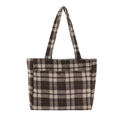 Klassische braune Tweed-Tragetasche mit Karomuster, Vordertasche und breiten Trägern - Braun Kariert