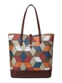 Sac fourre-tout chic en cuir PU multicolore avec motif géométrique gaufré - Bleu Patchwork
