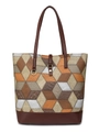 Sac fourre-tout en cuir PU marron et beige avec textures géométriques 3D élégantes - Marron Patchwork