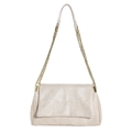 Minimalist beige PU leather shoulder bag with gold chain strap and quilted stitching - Beige