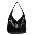 Chic black PU leather hobo bag with contrast white stitching and metal logo detail - Black