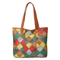 Sac cabas patchwork en similicuir aux textures serpent multicolores et anses brunes - Vert Patchwork