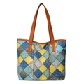 Sac fourre-tout en cuir patchwork coloré avec texture crocodile et anses marron - Bleu Patchwork