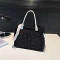 Black corduroy tote bag with red strawberry print and white adjustable straps - Black