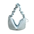 Minimalistische eisblaue PU-Leder Falten-Hobo-Tasche mit Scrunchie-Griff und Metall-Logo - Blau