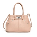 Pink lychee textured PU leather crossbody bag with silver twist lock and white stitching - Pink