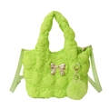 Sac bandoulière en nylon matelassé vert fluo avec nœud doré et pompon en peluche - Vert Fruit