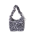 Purple and white leopard print faux fur handbag with a scrunchie style handle - Beige Leopard