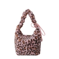 Pink leopard print faux fur handbag with stylish scrunchie handle and drawstring detail - Pink Leopard