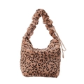 Summer brown leopard print faux fur plush crossbody bag with ruched handle - Khaki