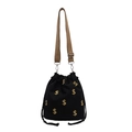 Bolso tipo cubo de lona negra de moda con bordado de dólar dorado y correa ancha marrón - Negro