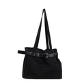 Minimalist black fabric tote bag with leather belt detail and silver metallic eyelets - Black