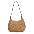 Borsa tote in paglia beige scuro con motivo a rombi gialli e tracolla marrone - Cachi
