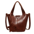 Deep brown leather bucket bag with star pendant and glossy textured finish - Brown