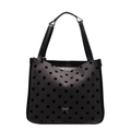 Dark grey fabric tote bag with black polka dots, leather handles and a silver metal bow - Large Polka Dot