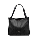 Minimalist black tote bag with textured ribbon pattern and gold bow charm detail - Striped Bow