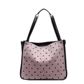 Pink fabric tote bag with black polka dots, bow patterns, and leather handles - Pink Bow