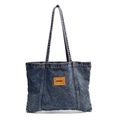 Dark blue washed denim tote bag with leather PENNY label and long shoulder straps - Blue
