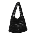 Minimalist summer woven black knit tote bag featuring a large capacity crochet mesh design - Black