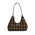 Brown plaid underarm bag with black heart patterns and silver bow metallic detail - Khaki Heart