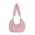 Schicke hellrosa Plüsch-Schultertasche aus Kunstpelz mit eleganter Perlenketten-Deko - Rosa