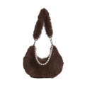 Sac bandoulière en peluche marron avec chaîne en perles et design hobo élégant - Marron