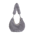 Sac à épaule chic en fausse fourrure grise avec chaîne de perles et sangle en métal - Gris