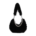 Sac à épaule chic en peluche noire avec chaîne perlée et bandoulière métallique - Noir