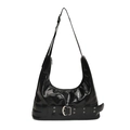 Borsa a spalla hobo nera lucida con fibbie argento in stile retrò punk e rock - Nero