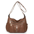 Braune weiche Damen Umhängetasche mit vielen Fächern und gemustertem Schultergurt - Khaki