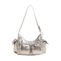 Metallische silberne PU-Leder Schultertasche mit mehreren Taschen und Riemen - Silber