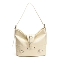 Bolso hobo minimalista de cuero PU beige con hebilla plateada y detalles de remaches - Blanco