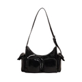 Glossy black PU leather shoulder bag with multiple utility pockets and silver zippers - Black