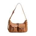 Schultertasche aus PU-Leder in Karamellbraun mit verstellbarem Riemen und Doppeltaschen - Khaki