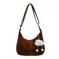 Brown semi-circle hobo shoulder bag in PU suede with a white plush cloud charm - Khaki