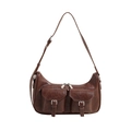 Dunkelbraune Retro-Halbmond-Schultertasche aus PU-Leder mit doppelten Schnallentaschen - Braun