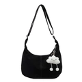 Black crescent PU leather shoulder bag with cute white cloud plush pendant accessory - Black