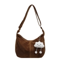 Brown faux suede hobo shoulder bag featuring a cute white cloud pendant and adjustable strap - Brown