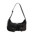 Schicke schwarze PU-Schultertasche mit Vintage-Cargotaschen und silbernen Schnallen - Schwarz