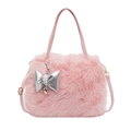 Pink plush crossbody bag with silver bow pendant and adjustable strap for women - Pink